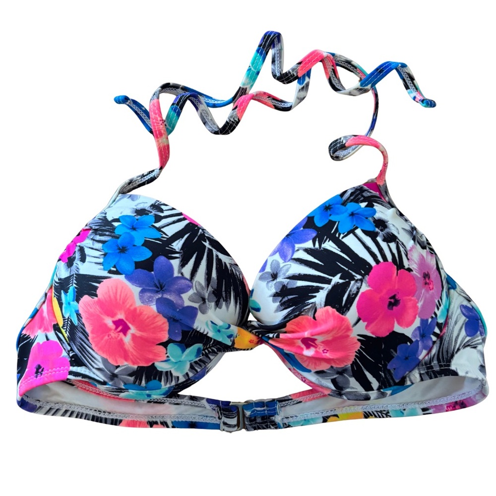 3/$20 Tahiti Tropical Floral String Tied Halter Bikini Top Push Up